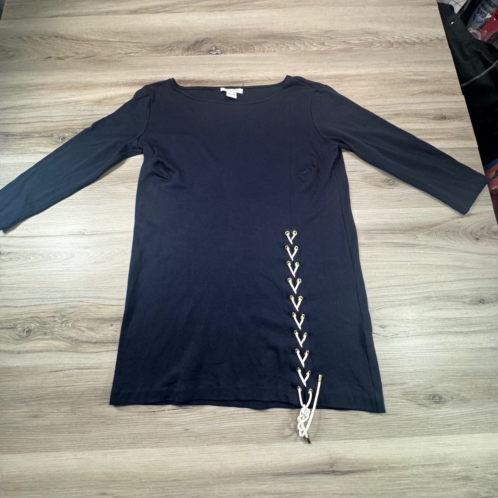 Joan Vass Blue Long Sleeve Lace Up Side Tunic Top Shirt Size 1
